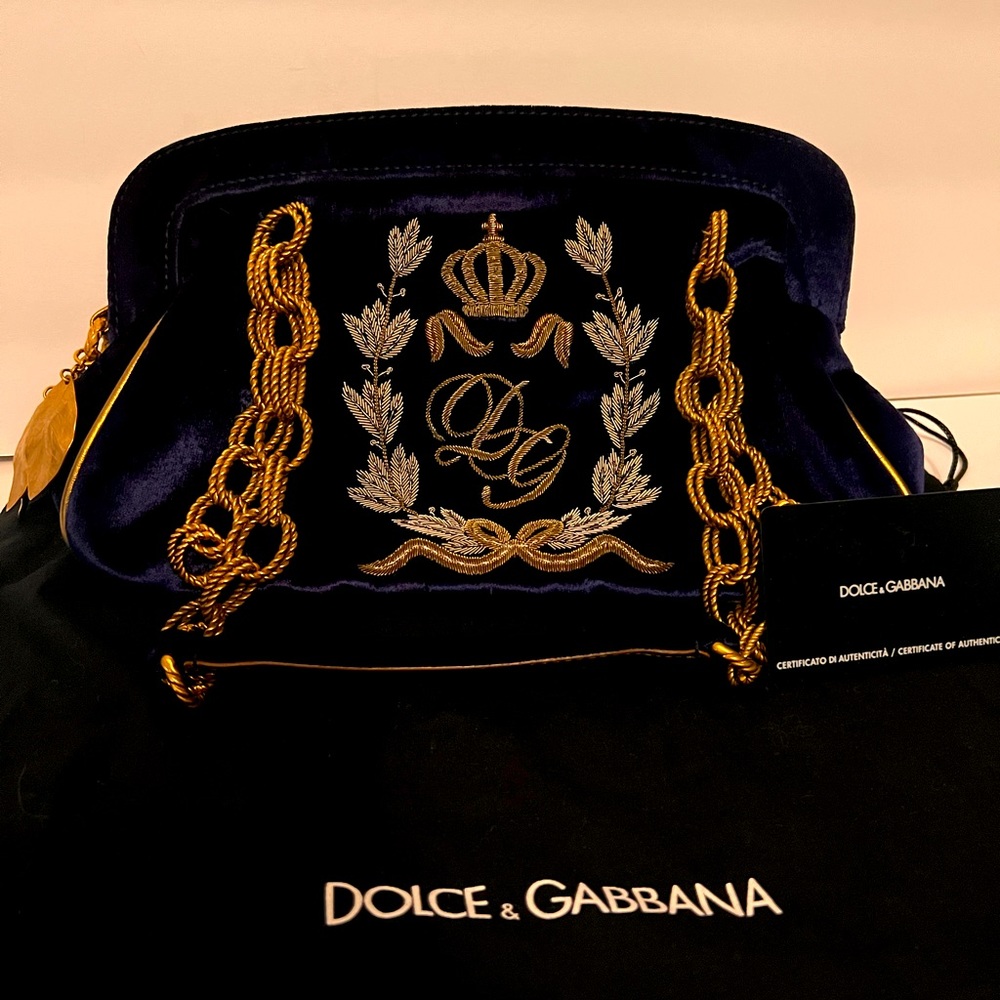 Dolce & Gabbana blue velvet handbag with gold embroidery